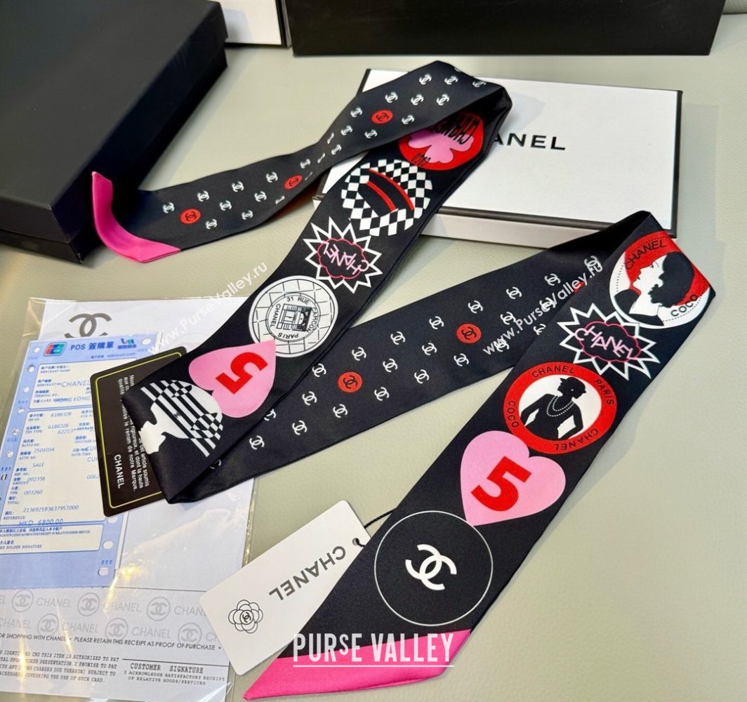 Chanel Coco Lady Silk Bandeau Scarf 6x120cm Black 2025 (XMN-250319028)