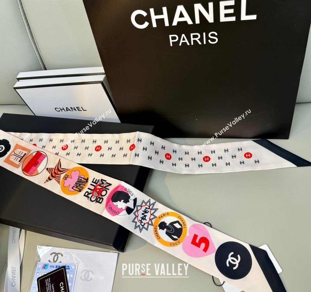 Chanel Coco Lady Silk Bandeau Scarf 6x120cm White 2025 (XMN-250319030)