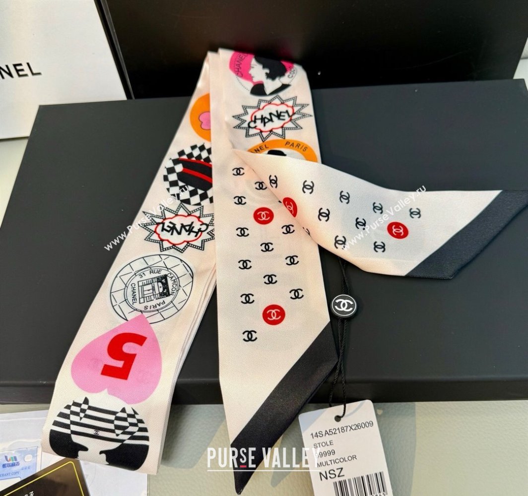 Chanel Coco Lady Silk Bandeau Scarf 6x120cm White 2025 (XMN-250319030)