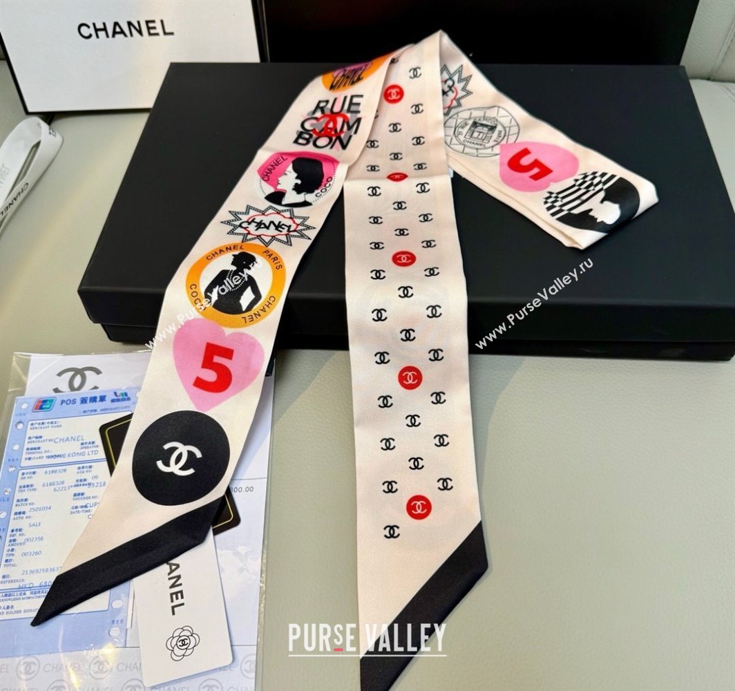 Chanel Coco Lady Silk Bandeau Scarf 6x120cm White 2025 (XMN-250319030)