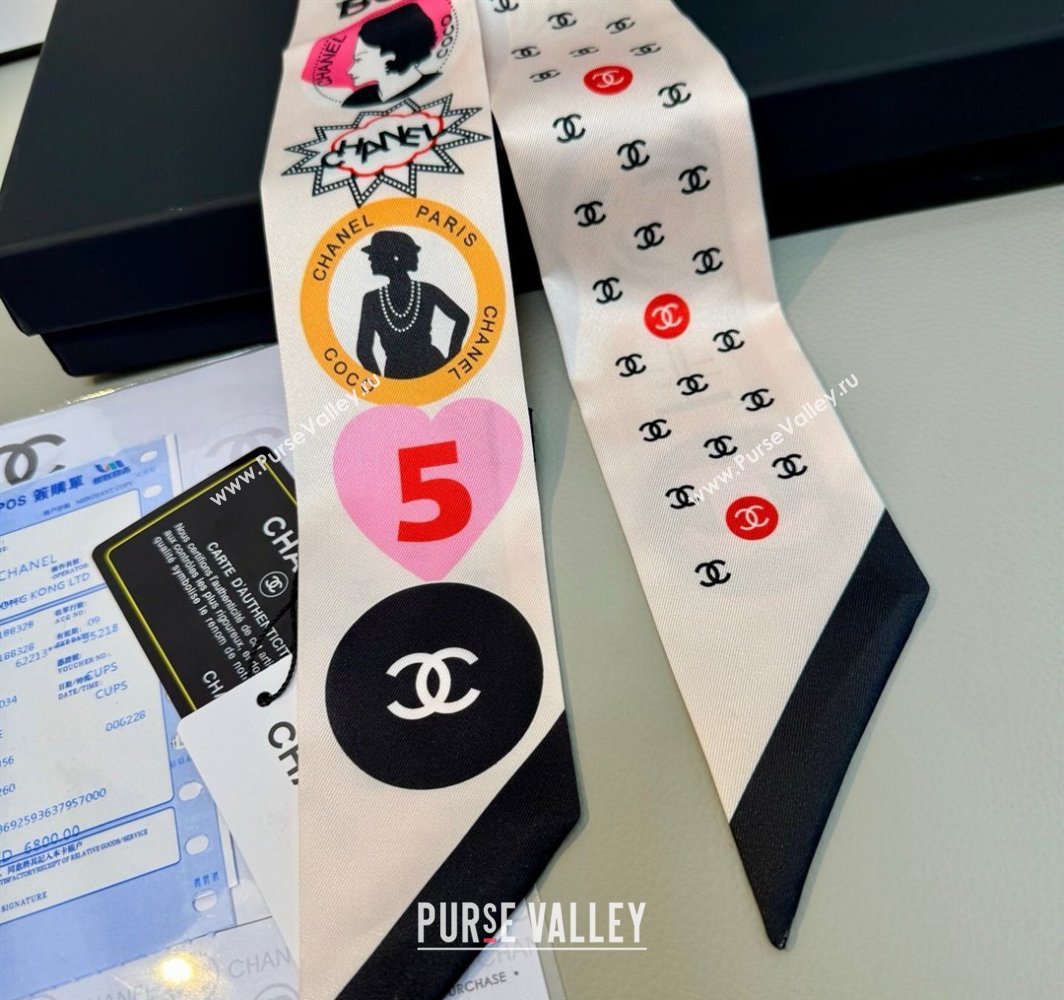 Chanel Coco Lady Silk Bandeau Scarf 6x120cm White 2025 (XMN-250319030)