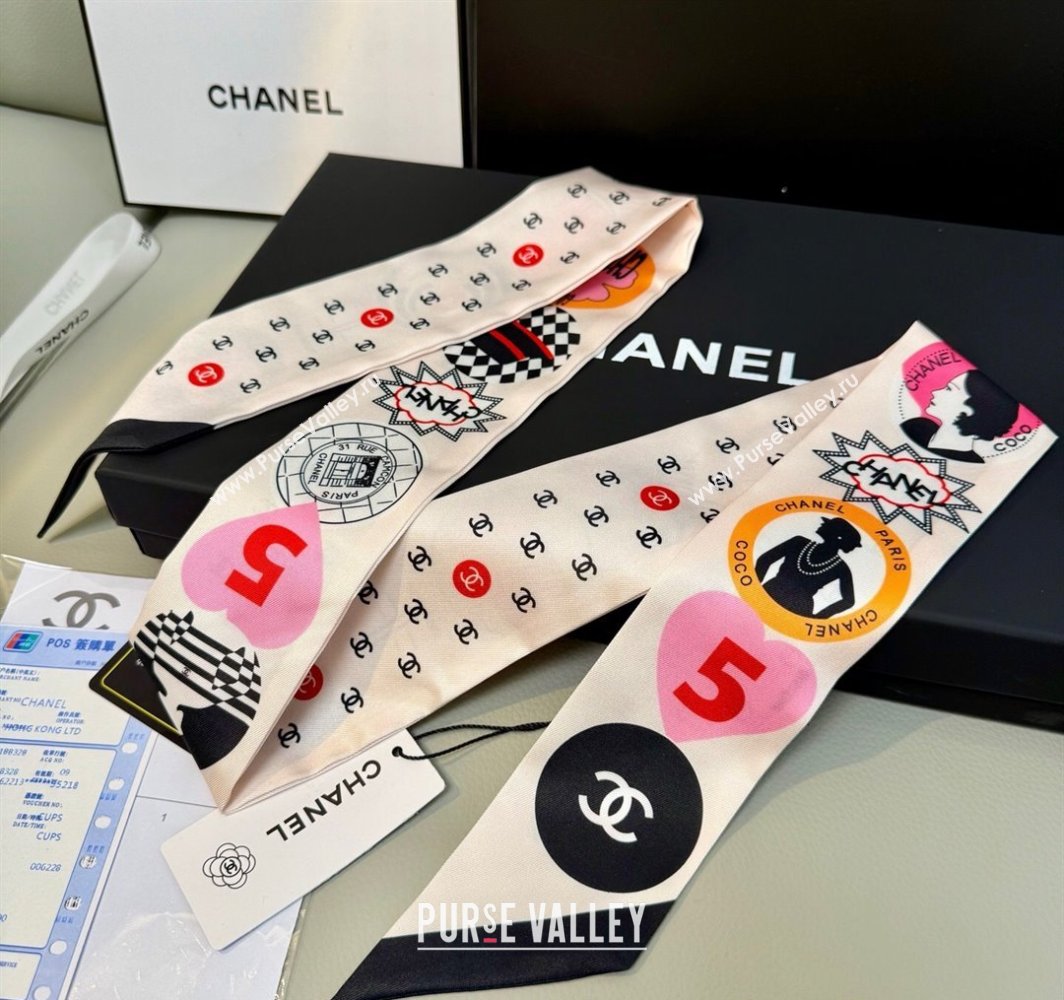 Chanel Coco Lady Silk Bandeau Scarf 6x120cm White 2025 (XMN-250319030)