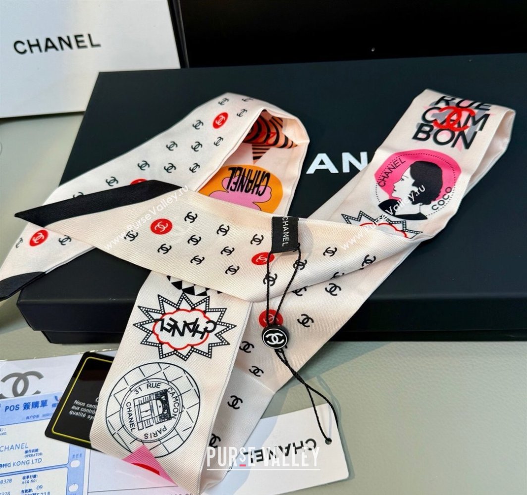 Chanel Coco Lady Silk Bandeau Scarf 6x120cm White 2025 (XMN-250319030)