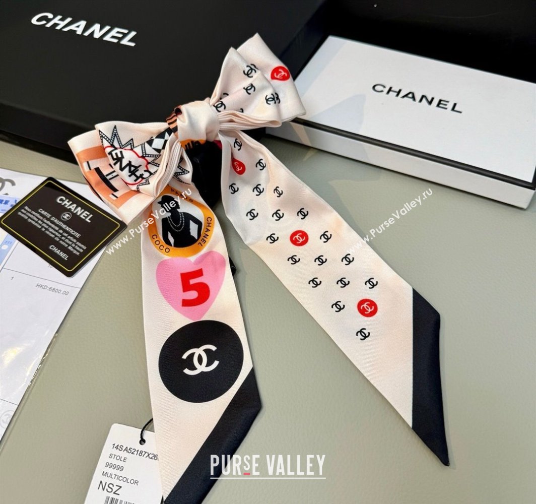 Chanel Coco Lady Silk Bandeau Scarf 6x120cm White 2025 (XMN-250319030)