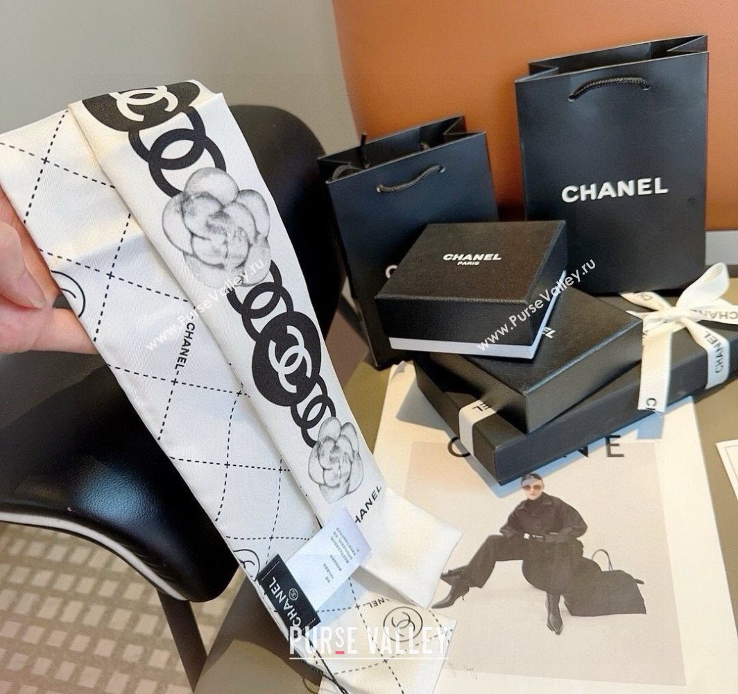 Chanel Quilted Camellia Silk Bandeau Scarf 6x120cm White 2025 (XMN-250319031)