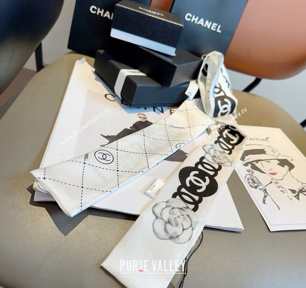 Chanel Quilted Camellia Silk Bandeau Scarf 6x120cm White 2025 (XMN-250319031)