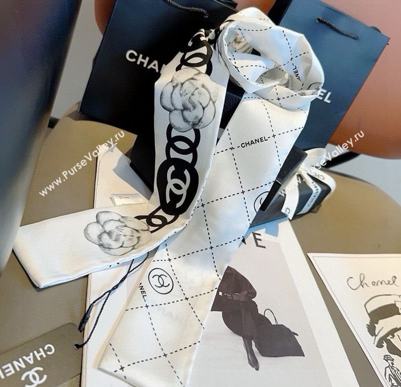 Chanel Quilted Camellia Silk Bandeau Scarf 6x120cm White 2025 (XMN-250319031)