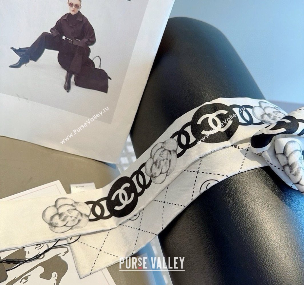 Chanel Quilted Camellia Silk Bandeau Scarf 6x120cm White 2025 (XMN-250319031)