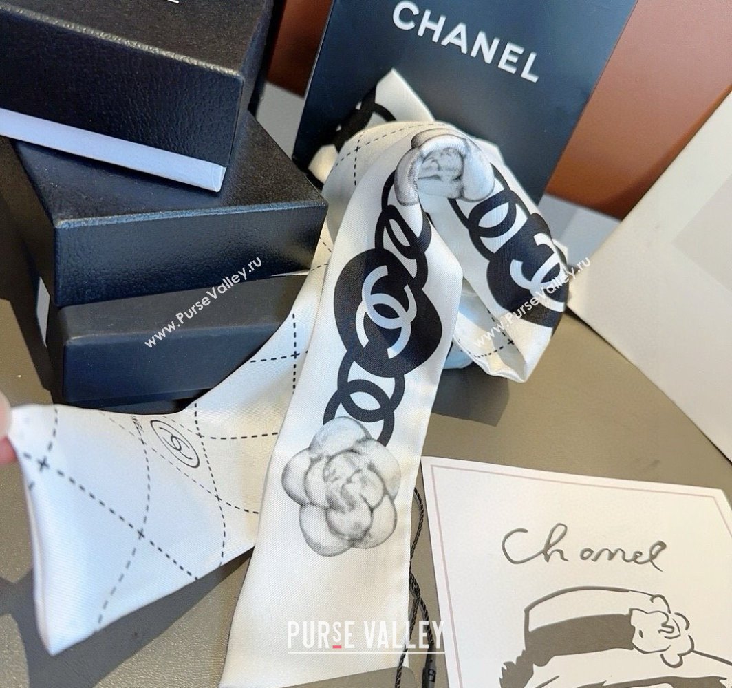 Chanel Quilted Camellia Silk Bandeau Scarf 6x120cm White 2025 (XMN-250319031)