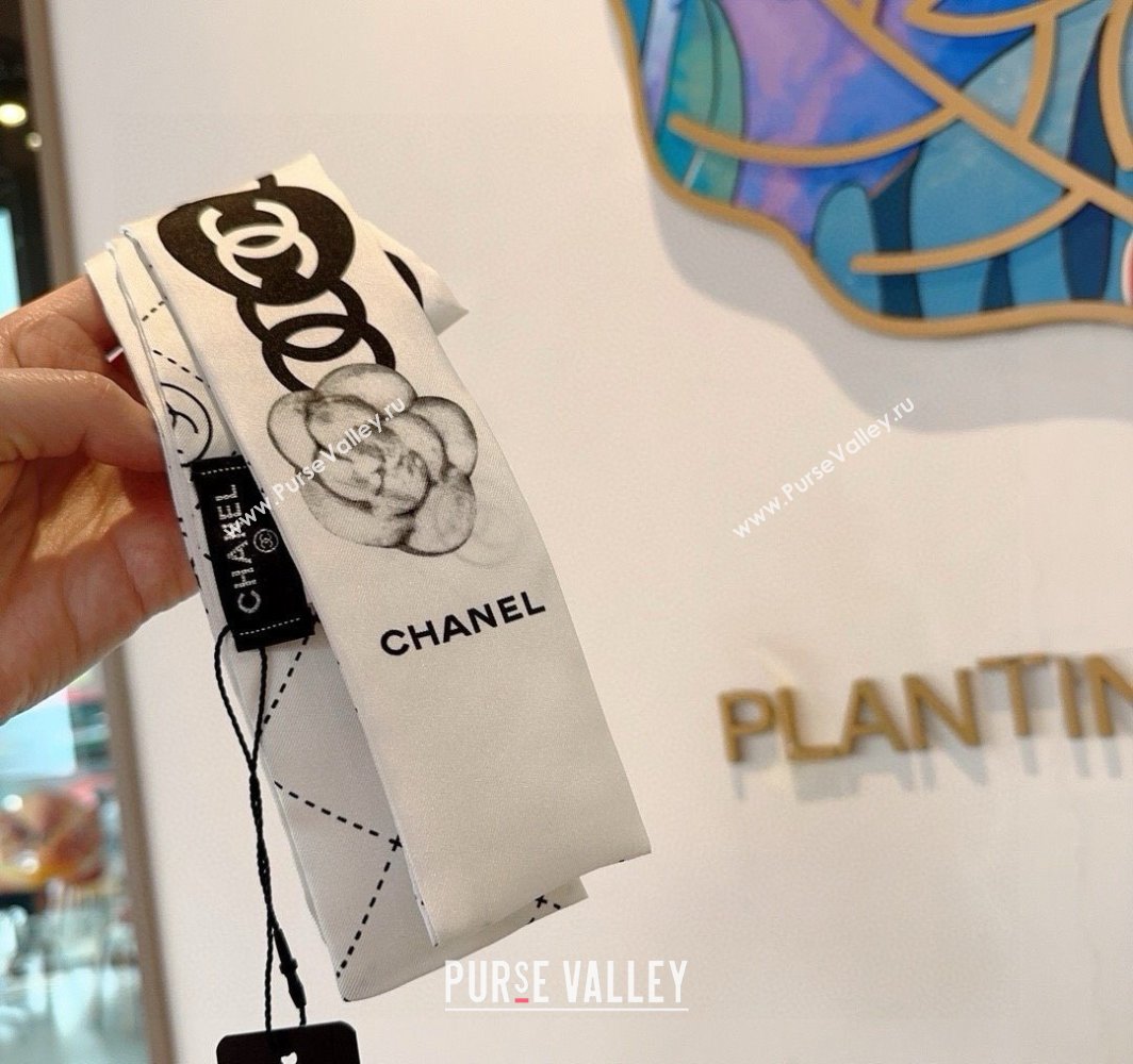 Chanel Quilted Camellia Silk Bandeau Scarf 6x120cm White 2025 (XMN-250319031)