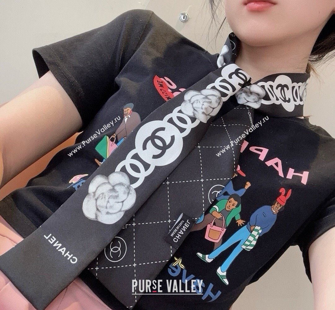 Chanel Quilted Camellia Silk Bandeau Scarf 6x120cm Black 2025 (XMN-250319032)