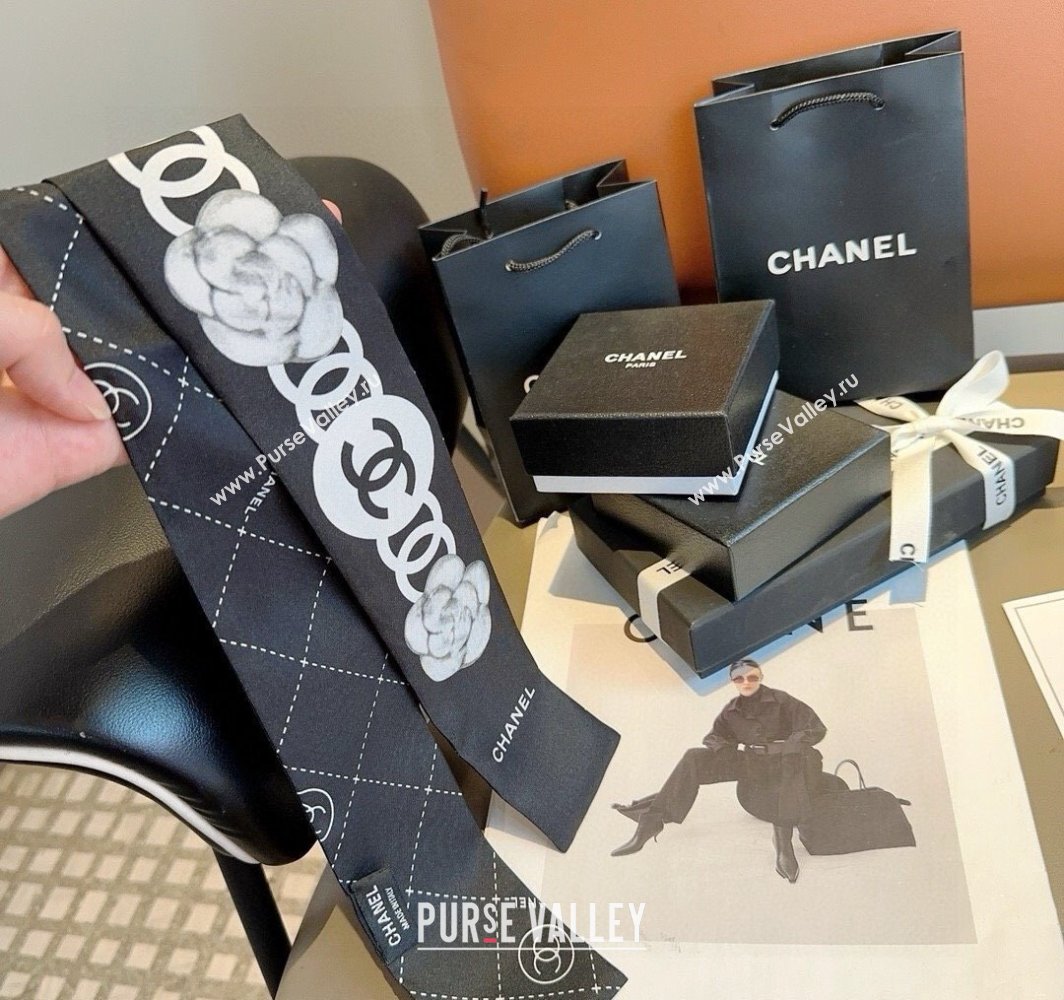 Chanel Quilted Camellia Silk Bandeau Scarf 6x120cm Black 2025 (XMN-250319032)