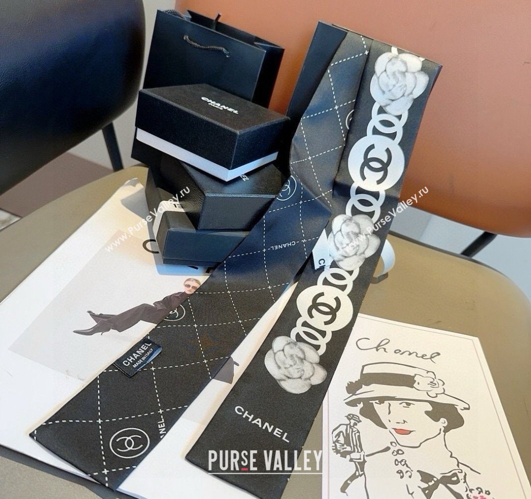 Chanel Quilted Camellia Silk Bandeau Scarf 6x120cm Black 2025 (XMN-250319032)