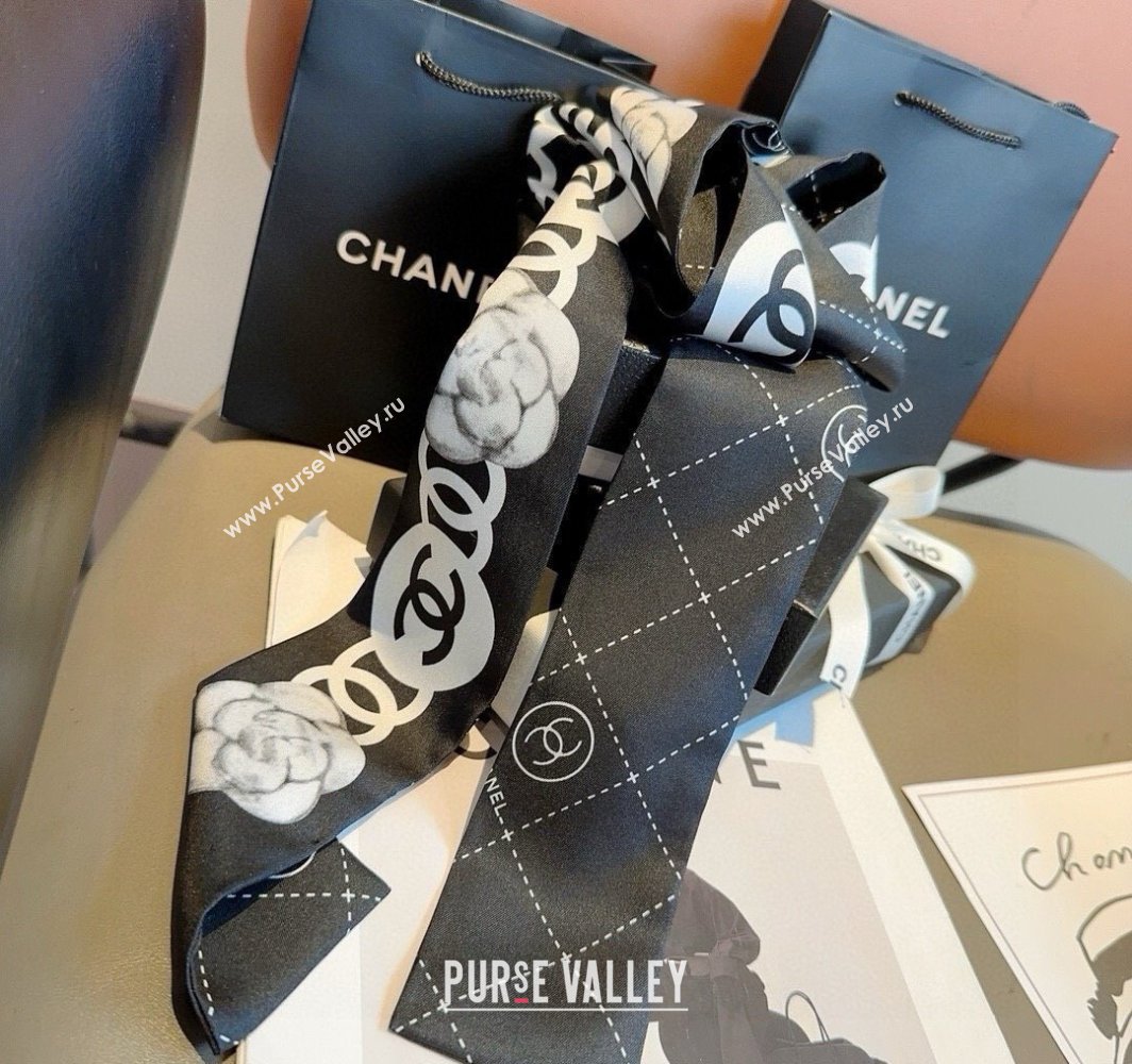 Chanel Quilted Camellia Silk Bandeau Scarf 6x120cm Black 2025 (XMN-250319032)