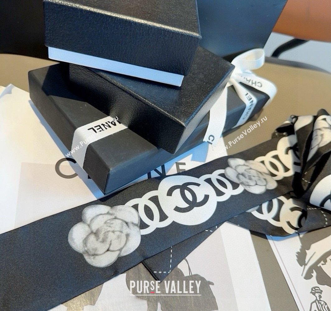 Chanel Quilted Camellia Silk Bandeau Scarf 6x120cm Black 2025 (XMN-250319032)