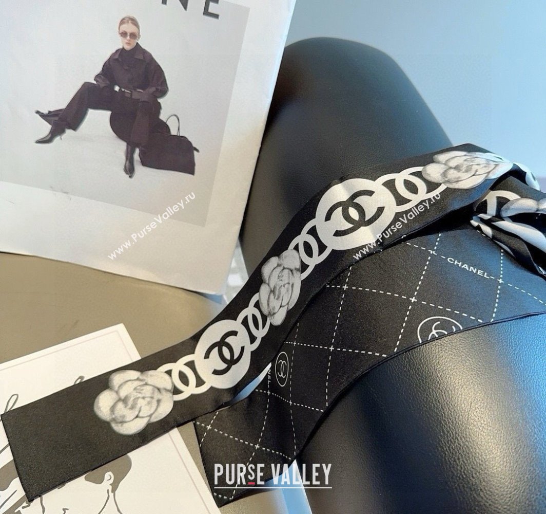 Chanel Quilted Camellia Silk Bandeau Scarf 6x120cm Black 2025 (XMN-250319032)