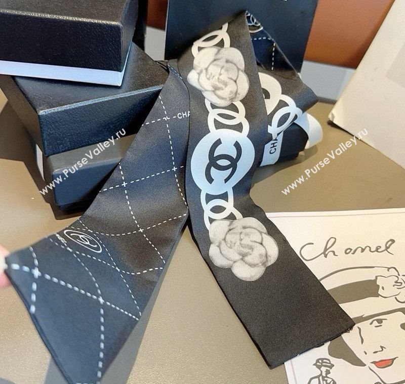 Chanel Quilted Camellia Silk Bandeau Scarf 6x120cm Black 2025 (XMN-250319032)