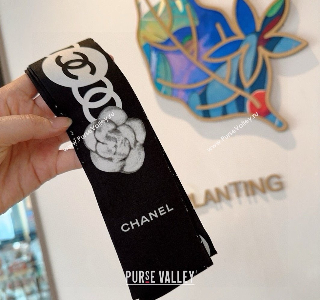 Chanel Quilted Camellia Silk Bandeau Scarf 6x120cm Black 2025 (XMN-250319032)