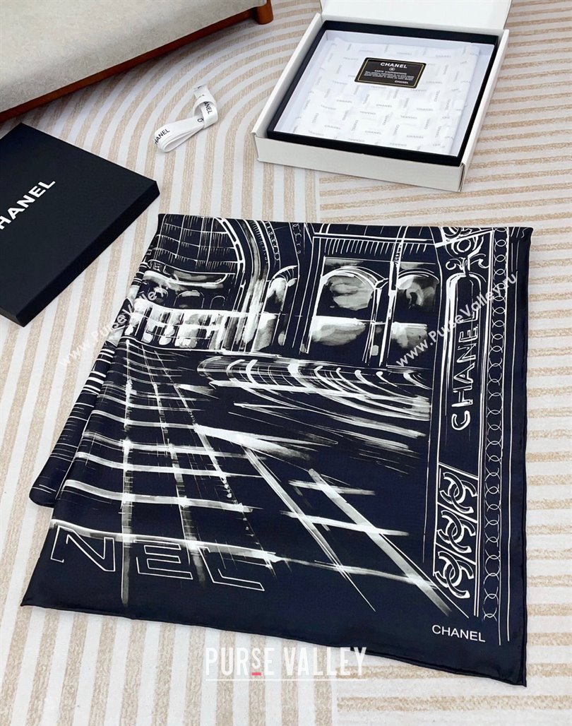 Chanel Palace Hall Silk Square Scarf 90x90cm Navy Blue 2025 CH051311 (SHI-250513145)