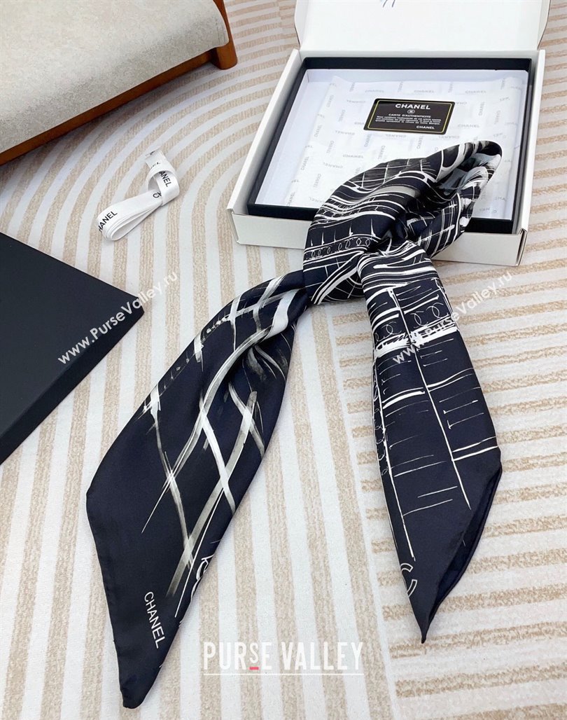 Chanel Palace Hall Silk Square Scarf 90x90cm Navy Blue 2025 CH051311 (SHI-250513145)