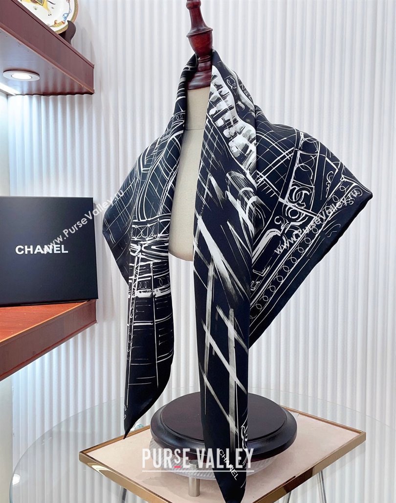 Chanel Palace Hall Silk Square Scarf 90x90cm Navy Blue 2025 CH051311 (SHI-250513145)