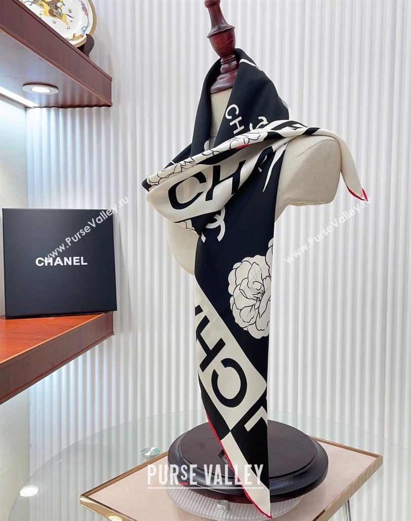 Chanel Coco Silk Square Scarf 90x90cm Black 2025 CH051312 (SHI-250513147)