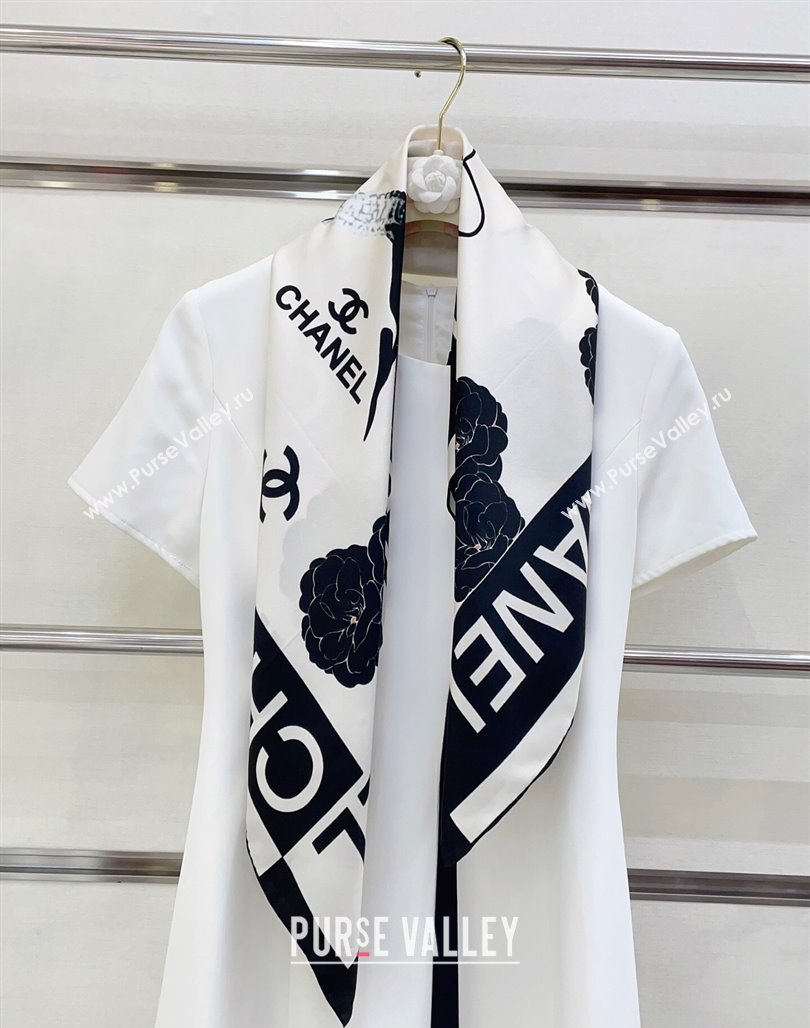 Chanel Coco Silk Square Scarf 90x90cm White 2025 CH051312 (SHI-250513148)
