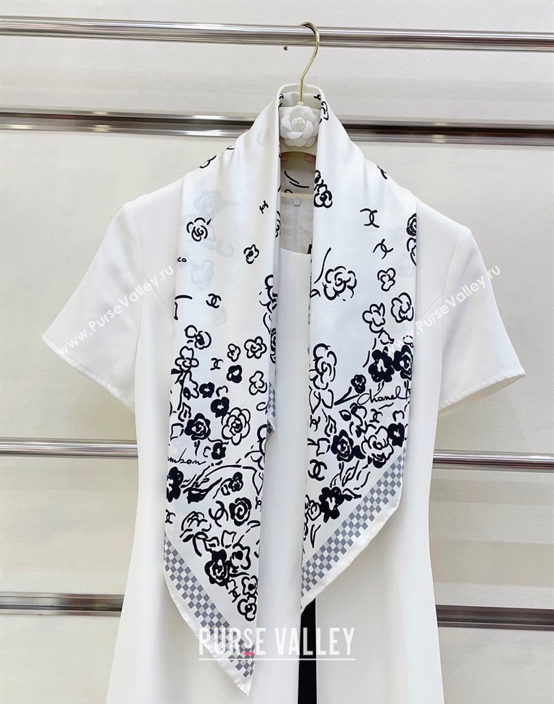 Chanel Flower Silk Square Scarf 90x90cm White 2025 CH051307 (SHI-250513137)