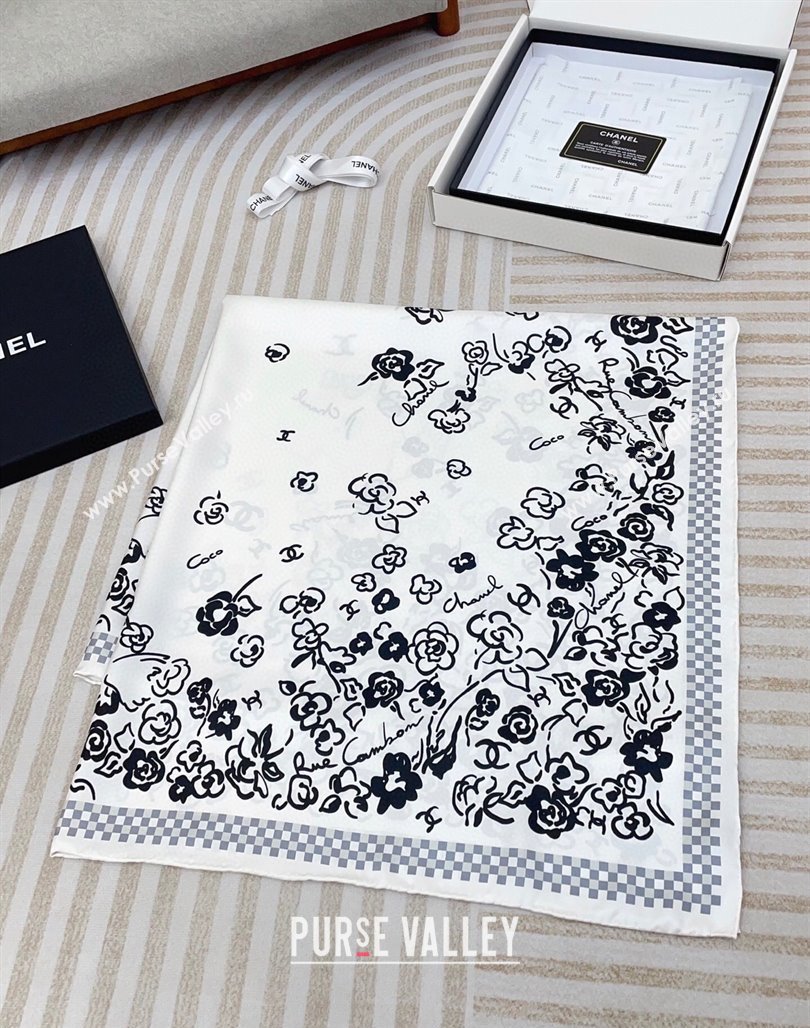 Chanel Flower Silk Square Scarf 90x90cm White 2025 CH051307 (SHI-250513137)