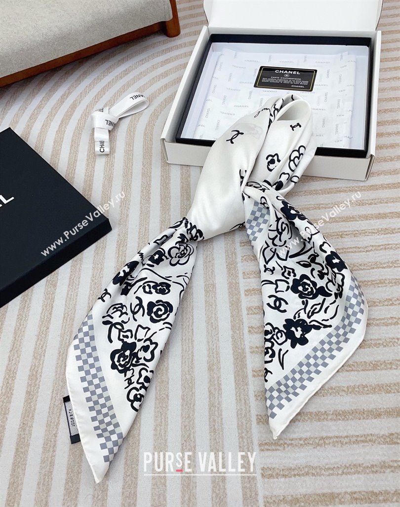 Chanel Flower Silk Square Scarf 90x90cm White 2025 CH051307 (SHI-250513137)