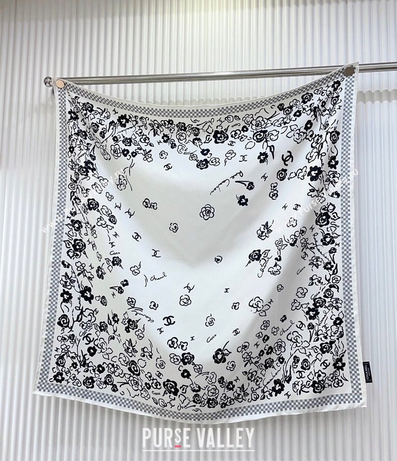 Chanel Flower Silk Square Scarf 90x90cm White 2025 CH051307 (SHI-250513137)