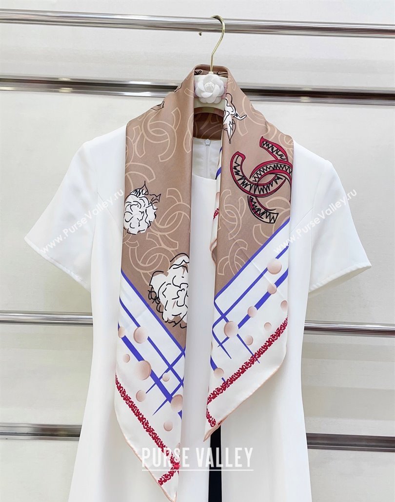Chanel Camellia Silk Square Scarf 90x90cm Beige 2025 CH051314 (SHI-250513151)