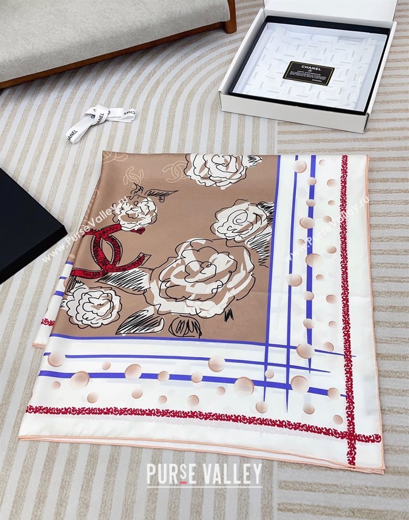 Chanel Camellia Silk Square Scarf 90x90cm Beige 2025 CH051314 (SHI-250513151)