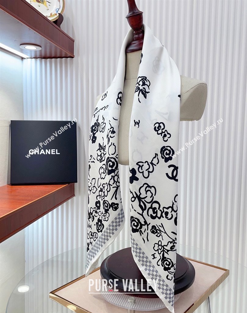 Chanel Flower Silk Square Scarf 90x90cm White 2025 CH051307 (SHI-250513137)