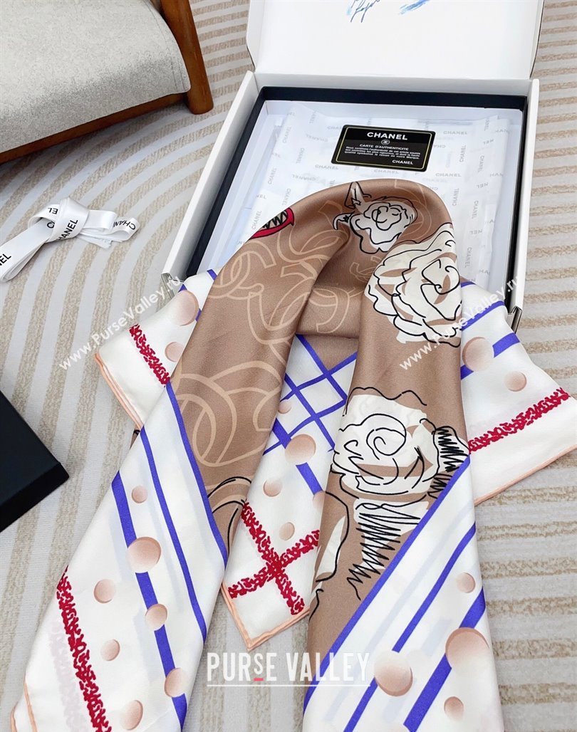 Chanel Camellia Silk Square Scarf 90x90cm Beige 2025 CH051314 (SHI-250513151)