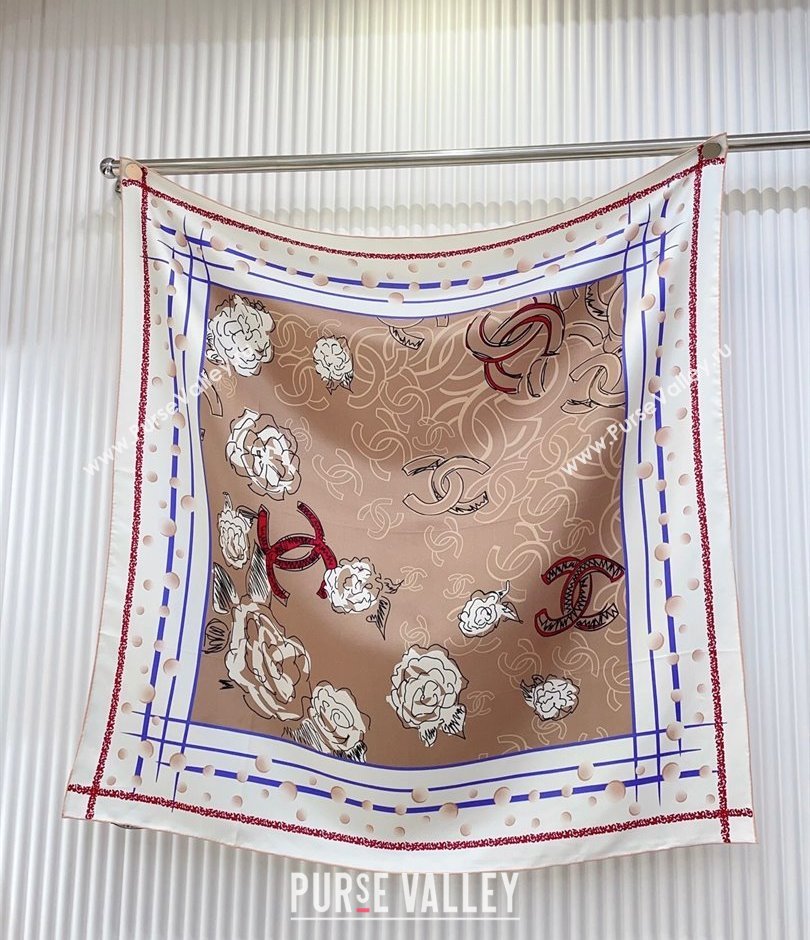 Chanel Camellia Silk Square Scarf 90x90cm Beige 2025 CH051314 (SHI-250513151)