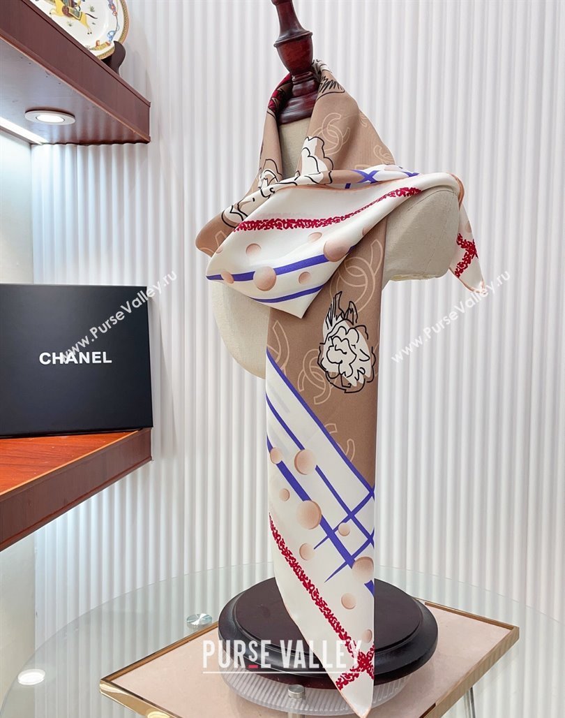 Chanel Camellia Silk Square Scarf 90x90cm Beige 2025 CH051314 (SHI-250513151)