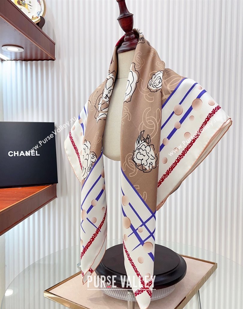 Chanel Camellia Silk Square Scarf 90x90cm Beige 2025 CH051314 (SHI-250513151)