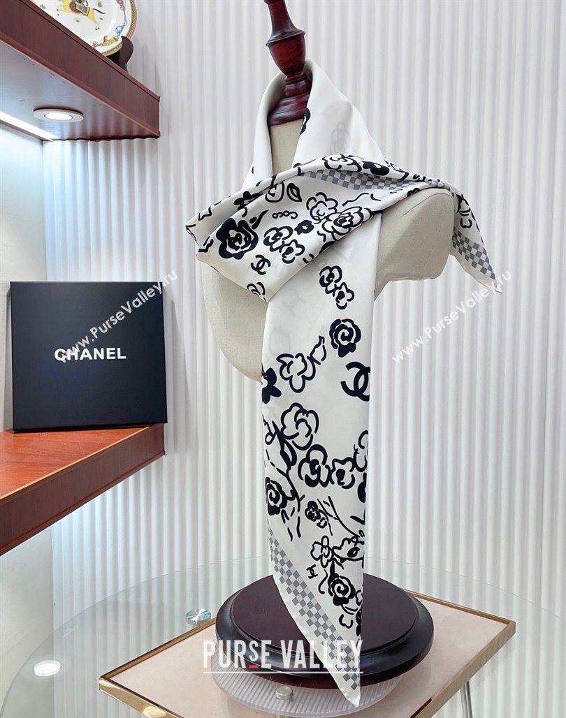 Chanel Flower Silk Square Scarf 90x90cm White 2025 CH051307 (SHI-250513137)