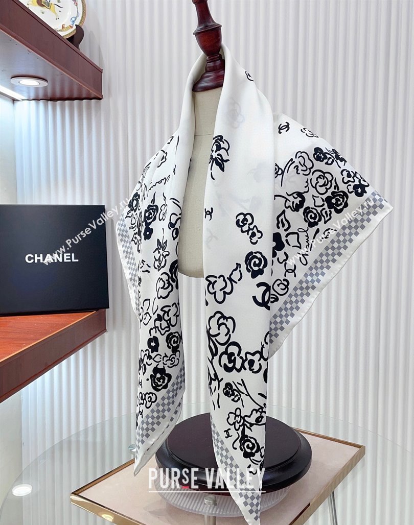 Chanel Flower Silk Square Scarf 90x90cm White 2025 CH051307 (SHI-250513137)