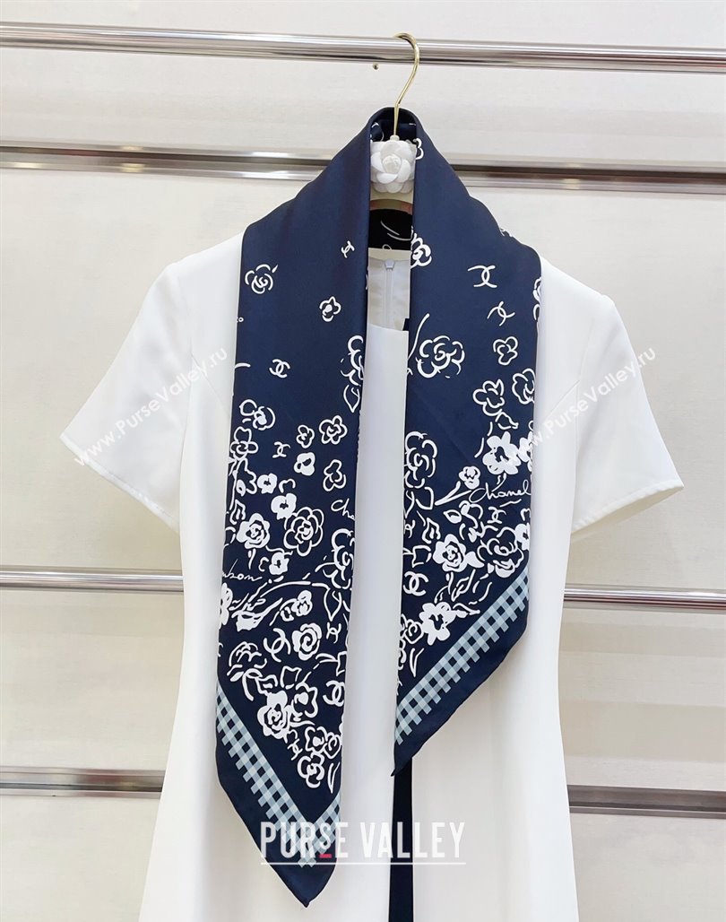 Chanel Flower Silk Square Scarf 90x90cm Navy Blue 2025 CH051307 (SHI-250513138)
