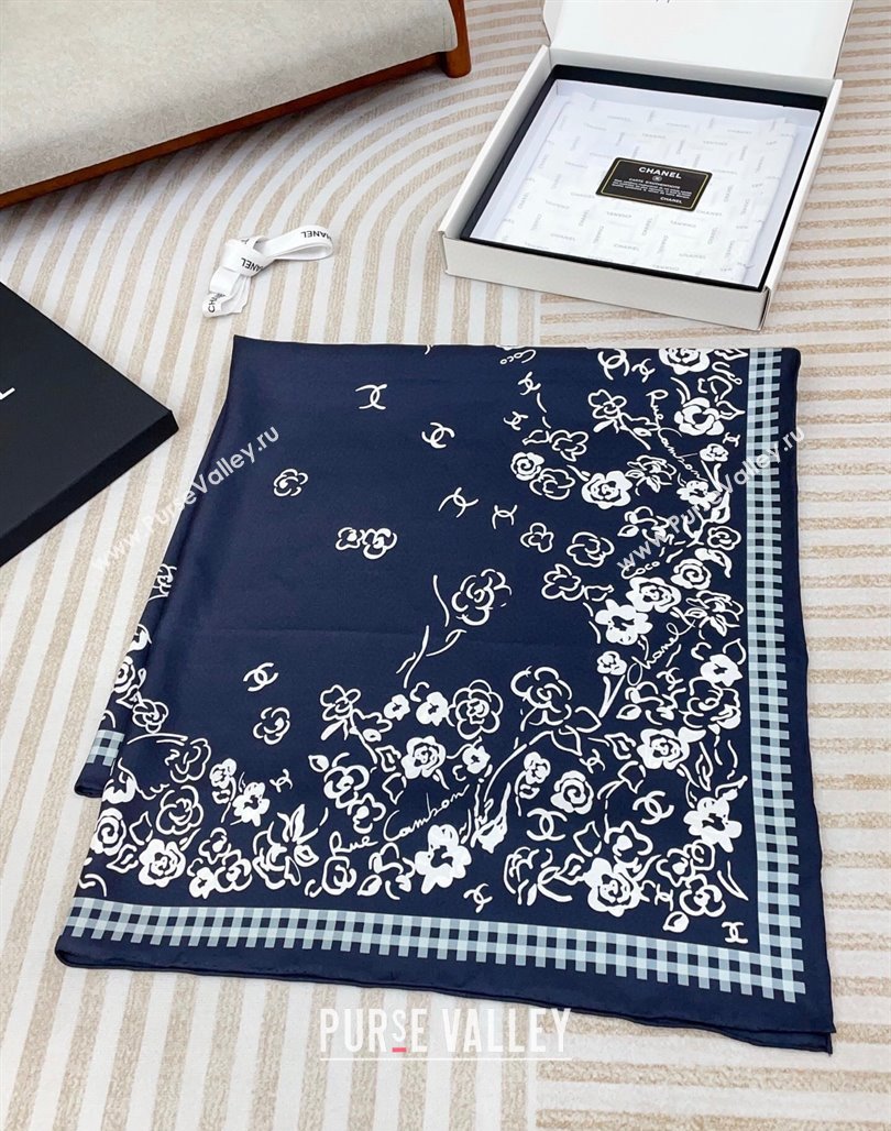 Chanel Flower Silk Square Scarf 90x90cm Navy Blue 2025 CH051307 (SHI-250513138)