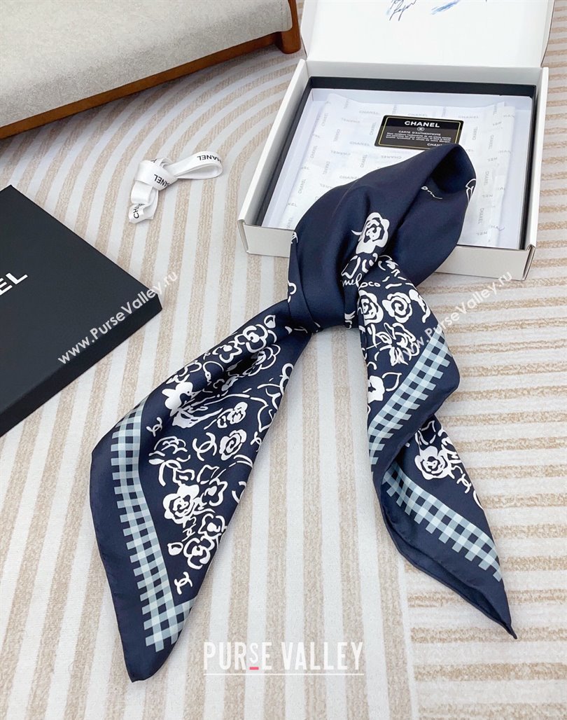 Chanel Flower Silk Square Scarf 90x90cm Navy Blue 2025 CH051307 (SHI-250513138)