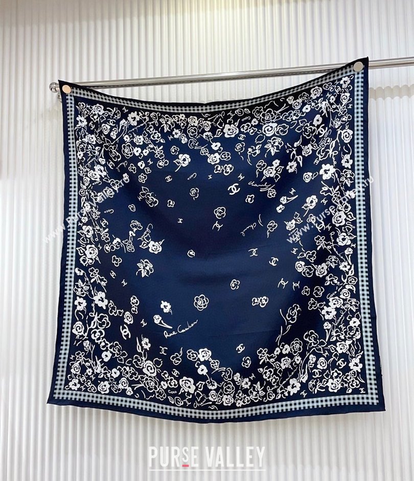 Chanel Flower Silk Square Scarf 90x90cm Navy Blue 2025 CH051307 (SHI-250513138)
