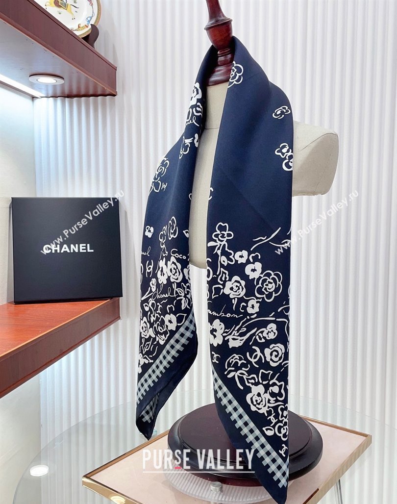 Chanel Flower Silk Square Scarf 90x90cm Navy Blue 2025 CH051307 (SHI-250513138)