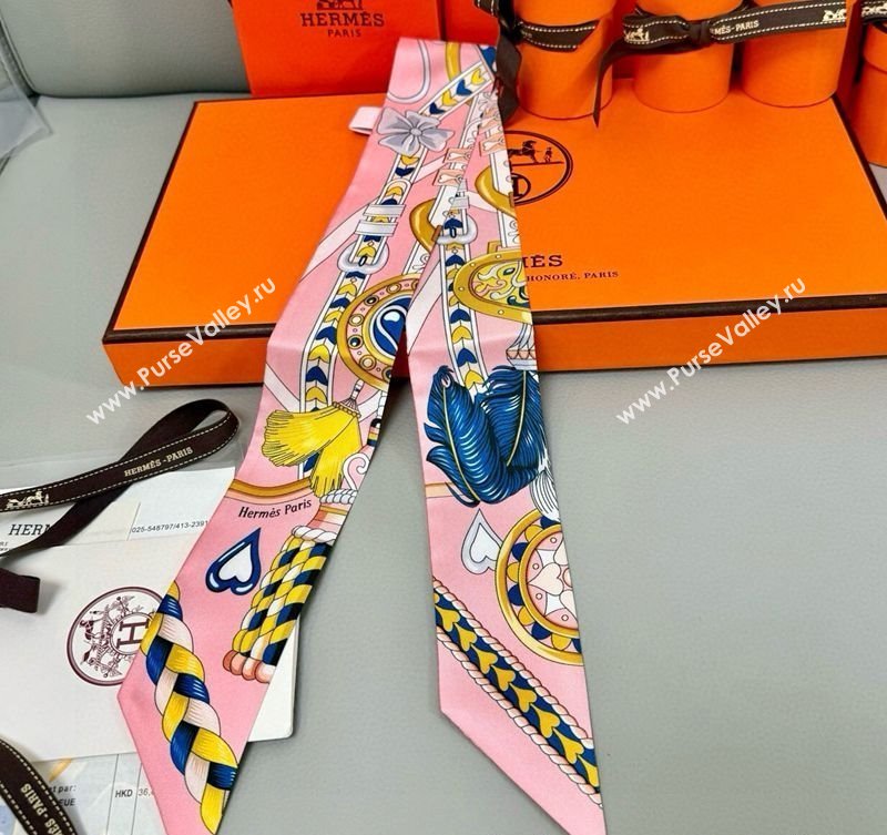 Hermes Harnais de Coeur Twilly Silk Bandeau Scarf 5x86cm Pink 2025 (SHI-250514008)
