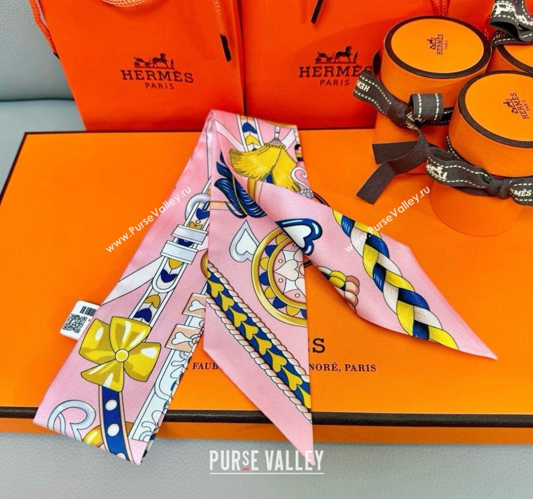 Hermes Harnais de Coeur Twilly Silk Bandeau Scarf 5x86cm Pink 2025 (SHI-250514008)
