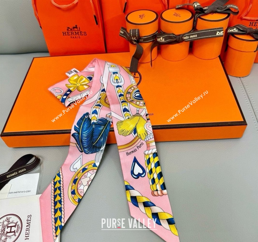 Hermes Harnais de Coeur Twilly Silk Bandeau Scarf 5x86cm Pink 2025 (SHI-250514008)