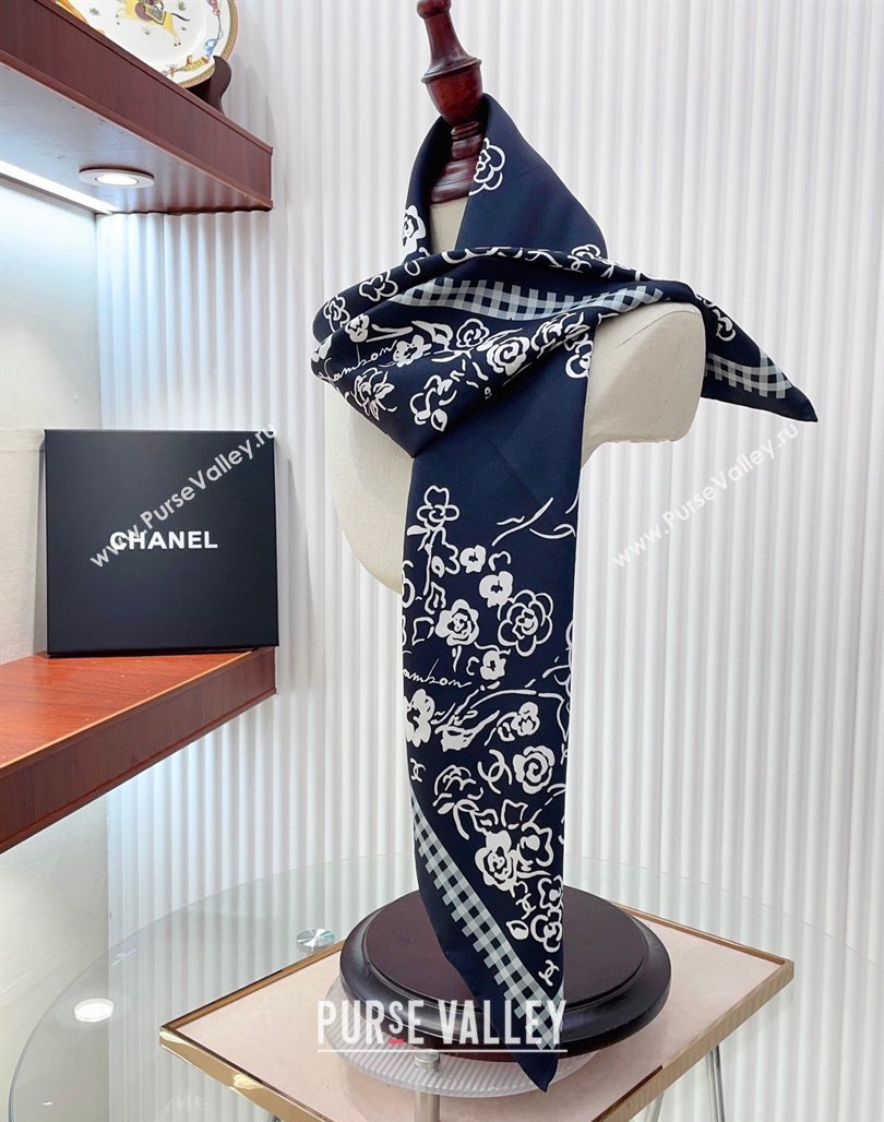 Chanel Flower Silk Square Scarf 90x90cm Navy Blue 2025 CH051307 (SHI-250513138)