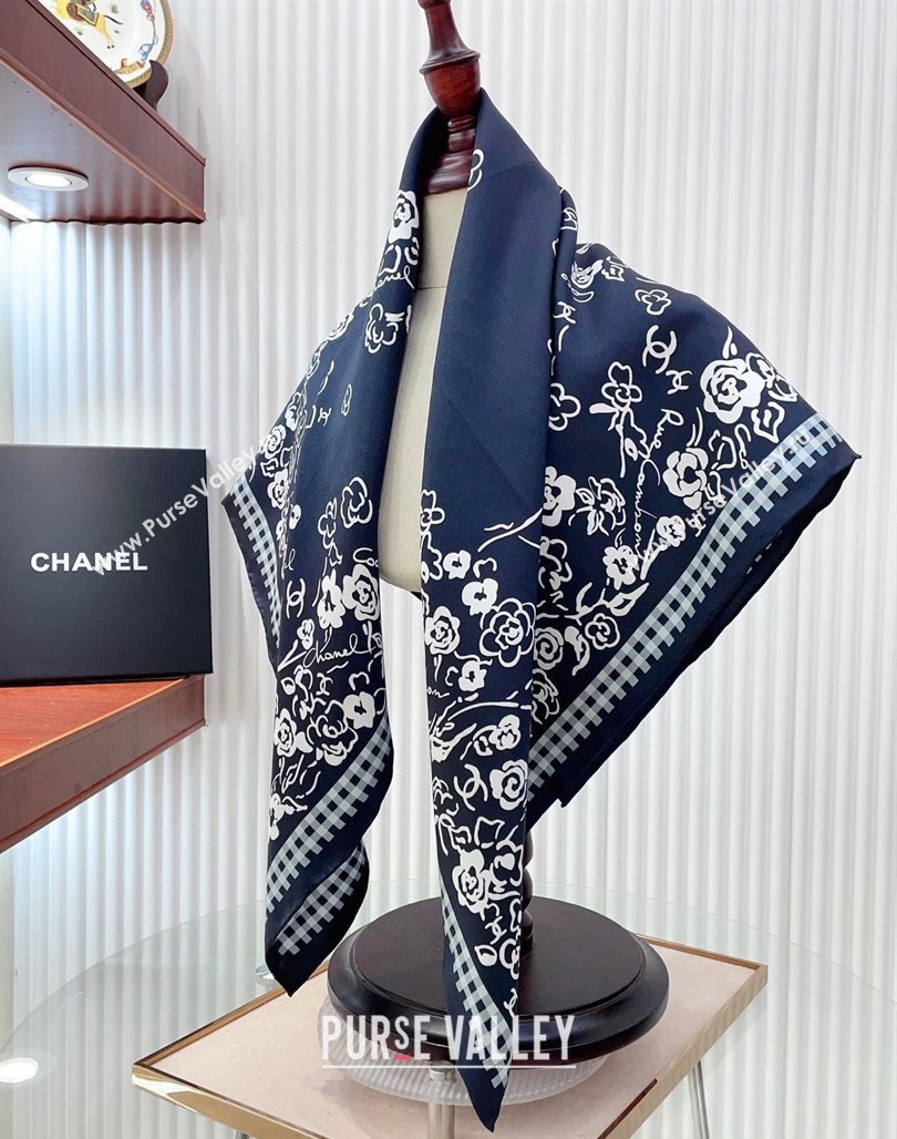Chanel Flower Silk Square Scarf 90x90cm Navy Blue 2025 CH051307 (SHI-250513138)